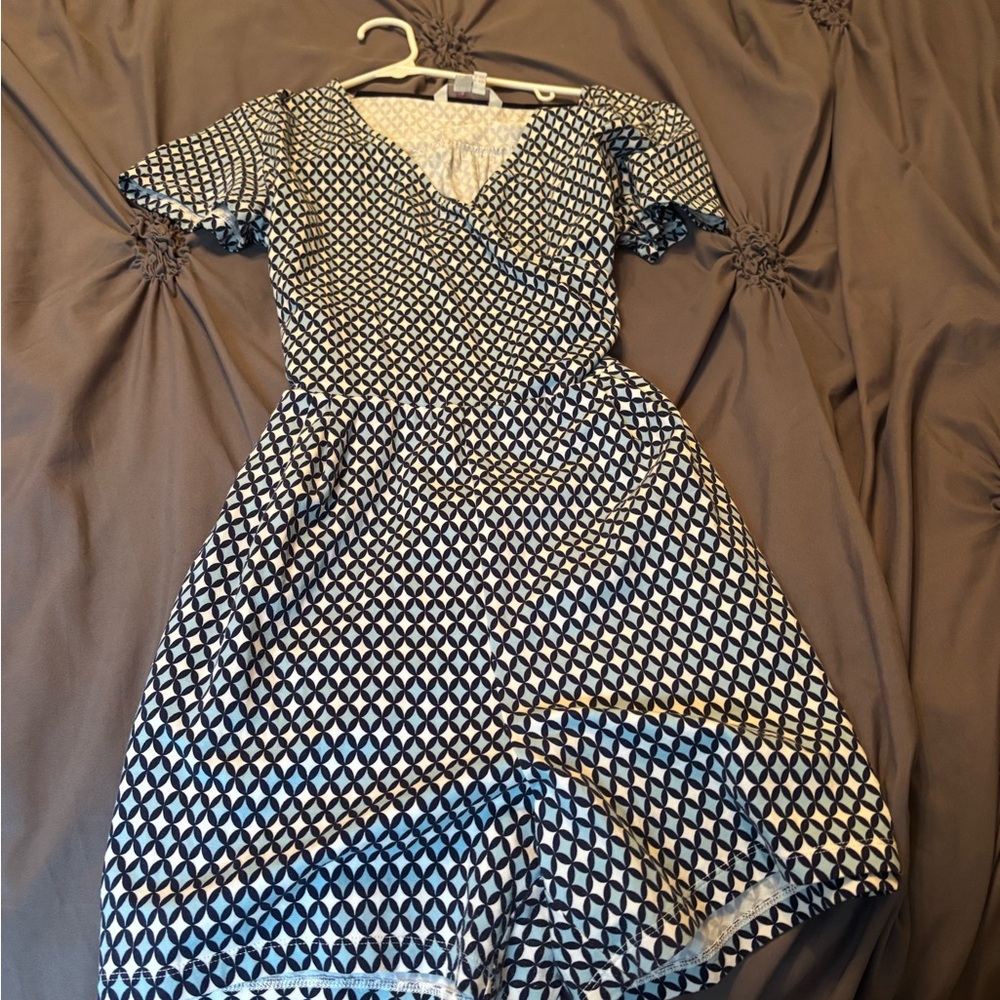Navy blue, light blue, and white romper with tie waist size 10